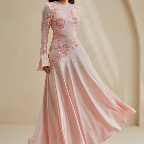 Pink Elegant Women's Floral Pattern Round Neck Fitted A-Line Mai Dress - Picture 6 of 8